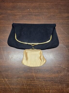 Black Suede Clutch with Gold Accent and Gold Satin Coin Purse